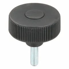 Knurled knob with threaded stud, 63 mm diameter, M10 thread, 30 mm thread length. Plastic body with steel thread insert, gray color. Used for manual adjustment, clamping, or positioning in jigs, fixtures, and machinery.