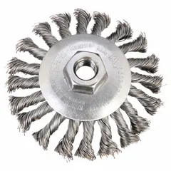 This heavy corner-cleaning brush is designed for carbon steel surfaces, featuring a twisted steel fill of 0.02" and a bevel shape to access tight angles. It measures 4-1/2" diameter by 3/8" width with a 5/8"-11 arbor. Suitable for removing rust, scale, and weld splatter in industrial fabrication and maintenance tasks.
