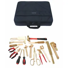 This 16-piece nonsparking tool set includes long-nose pliers, a slotted screwdriver, a specialty wrench, and a pry bar, all housed in a tool box. Designed for use in hazardous environments where sparking tools are prohibited, such as areas with flammable gases, vapors, or dusts.