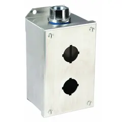 This enclosure accommodates two 30mm operators and is constructed from 304 stainless steel. It meets NEMA 1/12/3/4/4X ratings, providing protection against oil, dust, water, and corrosion. Suitable for industrial environments requiring robust sealing for push buttons, pilot lights, or selector switches.