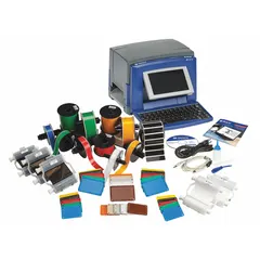 PC-connected or standalone single-color thermal transfer desktop printer for pipe marking identification. Includes Brady Workstation Safety and Facility Identification Software Suite, cleaning kit, and 2.25 in B-595 yellow vinyl label roll (B30C-2250-595-YL).