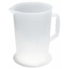 This oil measuring container has a 155 fl oz fluid capacity and a lip spout for controlled pouring. It is translucent and clear, with graduation marks included for accurate measurement. Overall height is 15 inches. Suitable for measuring and dispensing oils and other fluids in maintenance and service tasks.