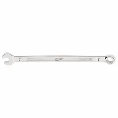 This combination wrench features a 12-point box end for improved grip on hex fasteners and an open end for quick positioning. Constructed of steel with a chrome finish, it resists corrosion. Head size is 7 mm; overall length is 5-1/4 in. Suitable for tightening and loosening metric fasteners in general mechanical and maintenance tasks.