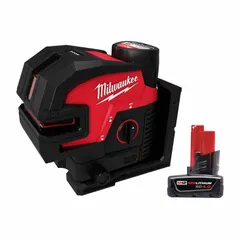 This cross-line and dot laser level projects green beams for horizontal and vertical alignment. It features manual leveling with an accuracy of ±1/8 in @ 33 ft and operates on the M12 battery system. The kit includes a carrying case. Suitable for layout tasks such as installing drop ceilings, cabinets, and conduit runs.