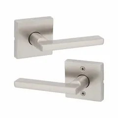 This KWIKSET storeroom lever lockset features a rose-style design with a satin nickel-plated zinc finish. It is ADA compliant and configured with ANSI F75 Hall function for keyed entry from outside and free egress from inside. Suitable for interior doors in commercial storage rooms, utility closets, or back-of-house areas.