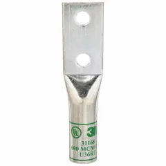 Two-hole compression lug for terminating 600 kcmil stranded copper wire. Features a long copper barrel with 1/2 in stud size and no inspection hole. Suitable for high-current electrical connections in switchgear, panel boards, and heavy machinery.