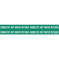 Green pipe markers with white legend reading 'Domestic Hot Water Supply'. Each pack contains 4 markers, fitting pipe outer diameters from 3/4 to 2-3/8 inches. Designed for adhesive application to identify hot water supply lines in plumbing systems.