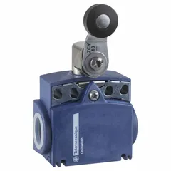 Roller lever-arm limit switch from the XCKT series with a 0.22 in roller width. Features two mounting holes and screw clamp terminals for electrical connection. Used for position sensing in industrial automation, such as detecting object presence on conveyors or machinery.