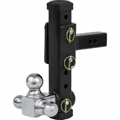 This Class 4 adjustable tri-ball hitch ball mount is constructed from carbon steel with a corrosion-resistant chrome finish. It features quick, tool-free ball and height adjustment and includes a clevis pin. The 2 in compatible ball shank diameter allows for use with various trailer couplers.
