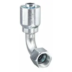 Steel 90° elbow crimp hydraulic hose fitting with ORS (O-Ring Seal) connection on one end and crimp connection for -6 dash size hose on the other. Female x Genderless configuration with 11/16-16 thread. Used in hydraulic systems to connect hoses to ORS ports, providing a leak-resistant joint in fluid power circuits.