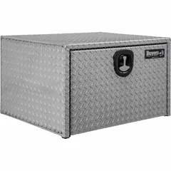 This single drop-down door box from BUYERS PRODUCTS is designed for secure underbody storage on trucks and service vehicles. It features a silver finish, keyed lock, and 18-inch overall depth for organizing tools and equipment.