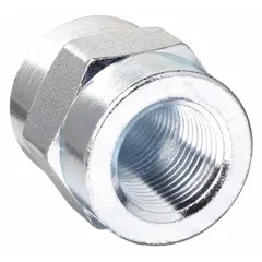 Rigid steel hydraulic hose adapter with female NPTF threads on both ends. Used to connect two female NPTF ports in hydraulic systems, providing a leak-resistant connection for fluid power applications.
