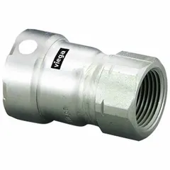 This stainless steel press fitting connects 1 in pipe to female NPT threaded components. The press-fit x FNPT configuration with FKM seal is suited for commercial plumbing, HVAC, and industrial piping systems requiring leak-free connections.
