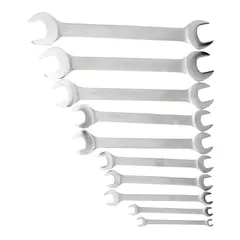 This 10-piece set of SAE double-end open end wrenches covers head sizes from 1/4 in to 1 1/8 in. The wrenches have a satin finish and are suitable for tightening or loosening hex nuts and bolts in maintenance and assembly tasks.