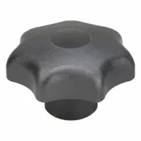 This 7-arm knob features a plastic body with a steel thread insert for manual adjustment and clamping on machinery, jigs, and fixtures. The 63 mm diameter and 5/8"-11 thread size provide secure positioning in industrial settings