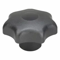 This 7-arm knob features a plastic body with a steel thread insert for manual adjustment and clamping on machinery, jigs, and fixtures. The 63 mm diameter and 5/8"-11 thread size provide secure positioning in industrial settings.