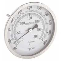 This back-mount fixed-angle thread-mount dial thermometer has a 5-inch dial diameter and a 4-inch stem length. It measures temperatures from 50°F to 550°F (10°C to 290°C) with an accuracy of ±1.5% above 451°F. Suitable for direct-mount temperature measurement in industrial processes such as HVAC, boilers, and piping systems