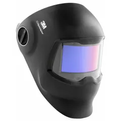 Auto-darkening welding helmet with a black polyphthalamide shell. Features four arc sensors and digital ADF controls, automatically adjusting shade from W8 to W12. Viewing area measures 5.9 in x 2.9 in. Ratchet suspension adjustment. Suitable for arc welding applications such as MIG, TIG, and stick welding.