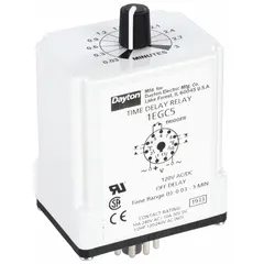 Socket-mounted time delay relay rated for 10 A at 120V AC/DC. Features 11 pins/terminals for single-function timing operations. Used in industrial control panels for delaying load switching in applications such as motor start sequencing, conveyor timing, and HVAC system staging.