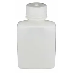 This 4.22 fl oz (125 mL) HDPE rectangular lab bottle features a natural translucent body and an attached 28-415 mm screw closure. It is not graduated. Suitable for collecting, storing, and transporting liquid samples in laboratory and industrial environments.