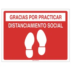 Floor sign made of red vinyl with nominal dimensions of 14 in x 18 in. Displays a Spanish-language message thanking viewers for practicing social distancing. Suitable for placement on floors in industrial or commercial settings to communicate safety protocols.
