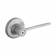 This KWIKSET privacy lever lockset features a rose style with a satin chromium-plated finish. It is ADA compliant and designed for interior doors requiring locking privacy, such as bathrooms or bedrooms. The ANSI F76 function allows locking by turning the interior lever or pushing a button, with emergency release from the outside. Suitable for commercial and institutional facilities needing accessible hardware.