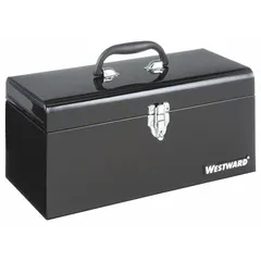 This steel tool box combines plastic and steel construction in a black finish. It measures 16 inches wide, 7 inches deep, and 7.5 inches high, with a single compartment for storing hand tools. A padlock is included for securing the contents. Suitable for organizing tools in workshops, garages, and job sites.