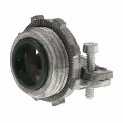 Die cast zinc straight connector with insulated set screw clamp style, two screws, and gray finish. Terminates and secures metal-clad cable and flexible conduit to enclosures or junction boxes. Trade size 1 in, male NPT 2-1/2 in. UL listed.