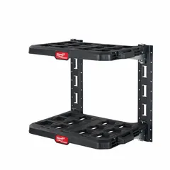 This PACKOUT Workshop Racking System features a reinforced metal frame with polymer components, finished in black. It includes E-Track Rails and measures 21 1/2 in W x 17 5/8 in D x 20 in H x 21 in L. Designed for organizing and securing tools and equipment in short bed trucks, it provides cargo management for industrial worksites.