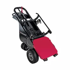 Electric dewar hand truck with a steel frame and rounded back design. Features flow-back functionality, 13-inch flat-free wheels, and a 6-hour charge time. Used for transporting heavy dewar cylinders in industrial and laboratory settings, reducing manual effort and improving maneuverability.