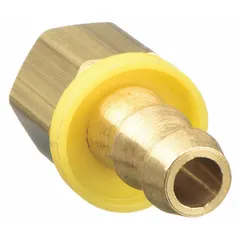 This rigid, straight brass fitting connects a push-on hose to an NPTF threaded port. It is suitable for air, water, and chemical transfer in industrial fluid handling systems. The male x female gender allows for direct connection to female NPTF ports.