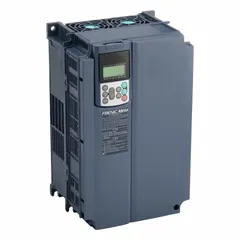 This FUJI ELECTRIC FRENIC Mega drive is a compact, heat-sink style unit in black/blue/gray. It accepts single or three-phase input and delivers three-phase output up to 30 hp, with no bypass. Typical applications include speed control of three-phase AC motors in conveyors, pumps, fans, and compressors.