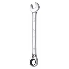 This metric 12-point ratcheting combination wrench features a 19 mm head size and an offset design for accessing recessed fasteners. The chrome finish resists corrosion, and the ratcheting mechanism allows continuous turning without repositioning. Overall length is 9 3/4 inches. Suitable for tightening or loosening fasteners in mechanical and industrial settings.