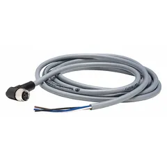 Single-ended cordset with a gray PVC jacket for flexing applications. Features an M8 female right-angle connector on one end and bare wire on the other. 4 pins, 18 AWG wire size, 5 m cable length. IP67 rated for protection against dust and moisture in industrial environments.