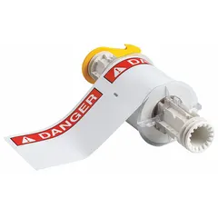 Vinyl label roll with DANGER header, white, 95 labels per roll. Sizes: 4 in x 6 in and 6 in x 4 in. Acrylic adhesive. Compatible with BBP85 printer series. Used for industrial safety identification on equipment, pipes, or areas requiring a DANGER header.