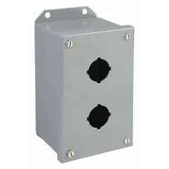 Carbon steel enclosure with two 30mm openings for mounting push buttons and pilot devices. Rated NEMA 13/3 for oil-tight and dust-tight sealing in industrial environments. Suitable for machine tools and processing equipment.