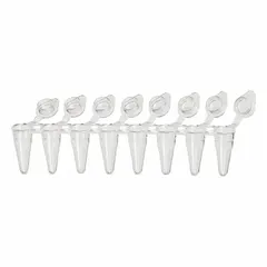 Polypropylene test tube with 0.1 mL capacity, white body and closure, non-sterile, not graduated. Includes individually-attached flat cap. Suitable for small-volume sample storage, PCR preparation, and laboratory assays requiring chemical resistance and low retention.