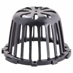 This dome strainer is designed for use with roof drain systems to filter debris while allowing water flow. It features a flanged connection and is made of unfinished polyethylene. Overall diameter is 6-5/8 inches and overall height is 4 inches.