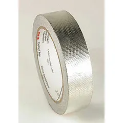 Ultra-conductive embossed foil electrical tape with silver acrylic adhesive. 1/4 in wide, 18 yd long, 4 mil thick, rated 600 V. Used for EMI shielding, grounding, splicing, cable shielding, transformer repair, and static discharge protection in electrical and electronic applications.