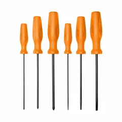 Mayhew This 6-piece screwdriver set includes Phillips and slotted tip types for general-purpose fastening and loosening tasks. The overall length of 16 inches provides reach for various applications. The set is supplied in a box for organized storage.