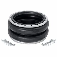 Double convolution air actuator with epichlorohydrin construction. Compressed height 4 in, extended height 9 in. Temperature range 4°F to 266°F. Used for vibration isolation, actuation, and material handling where controlled pneumatic force or damping is required.