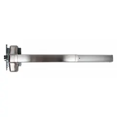 This VON DUPRIN mortise exit device features a touchbar push pad and a chrome finish. It is designed for doors up to 3 ft wide and includes a thumbpiece pull outside trim. The device is ADA compliant and intended for use in commercial egress applications where code-compliant panic hardware is required.