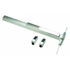 Surface vertical rod exit device with Touchbar actuation, finished in chrome. Designed for doors up to 3 ft wide, the push bar retracts vertical rods to allow emergency egress while securing the door. Suitable for use on single doors requiring panic hardware.