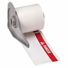 Red-header polyester danger label roll with rubber adhesive, halogen-free. Measures 1 29/32 in x 4 in and 4 in x 1 29/32 in. Compatible with BMP71 printer series. Used for industrial hazard identification and safety warnings.