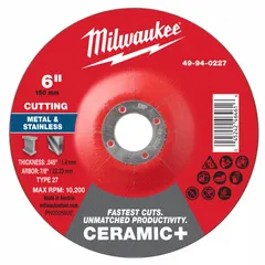 This MILWAUKEE cut-off wheel is a Type 27 ceramic abrasive wheel measuring 6 inches in diameter, 0.045 inches thick, with a 7/8-inch arbor hole and 46 grit. Designed for cutting carbon and stainless steel, it is commonly used in fabrication, maintenance, and metalworking tasks requiring clean, fast cuts with reduced heat buildup.