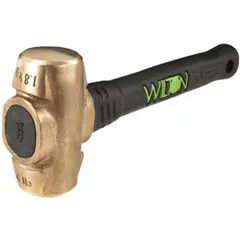 Soft-face sledge hammer with a 2 in diameter brass face, 8 lb head weight, and 16 in overall length. Features a steel handle and round shape. Used for striking applications where a non-marring face is required, such as assembling machinery, seating bearings, or forming sheet metal.