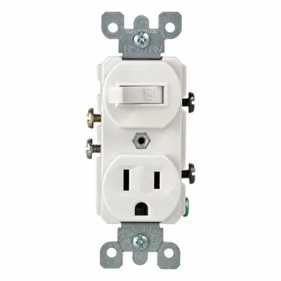 LEVITON Combination Switch/Outlet: Toggle Switch, 5-15R, White, 120V AC - Straight-Blade Outlets & Toggle Switches