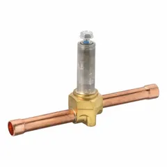 Normally closed, 2-way solenoid valve for refrigerant flow control in commercial and industrial cooling systems. Features a 0.1 in port size and 3/8 in female sweat connection. Suitable for applications such as walk-in coolers, freezers, and process chillers.