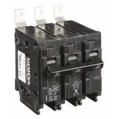 Three-pole miniature circuit breaker rated 20 A at 240V AC, part of the BL Series. Designed for bolt-on mounting in Siemens P1 Panelboards. Provides overcurrent protection for branch circuits in electrical distribution systems. Maximum interrupting rating of 22 kA at 240V AC.