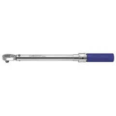 This ratcheting micrometer torque wrench has a 1 in drive size and a torque range of 140 ft-lb to 700 ft-lb. It is used for tightening fasteners to precise torque values in applications such as industrial maintenance, heavy equipment assembly, and automotive repair. The wrench provides dual-scale readings in foot-pounds and newton-meters.